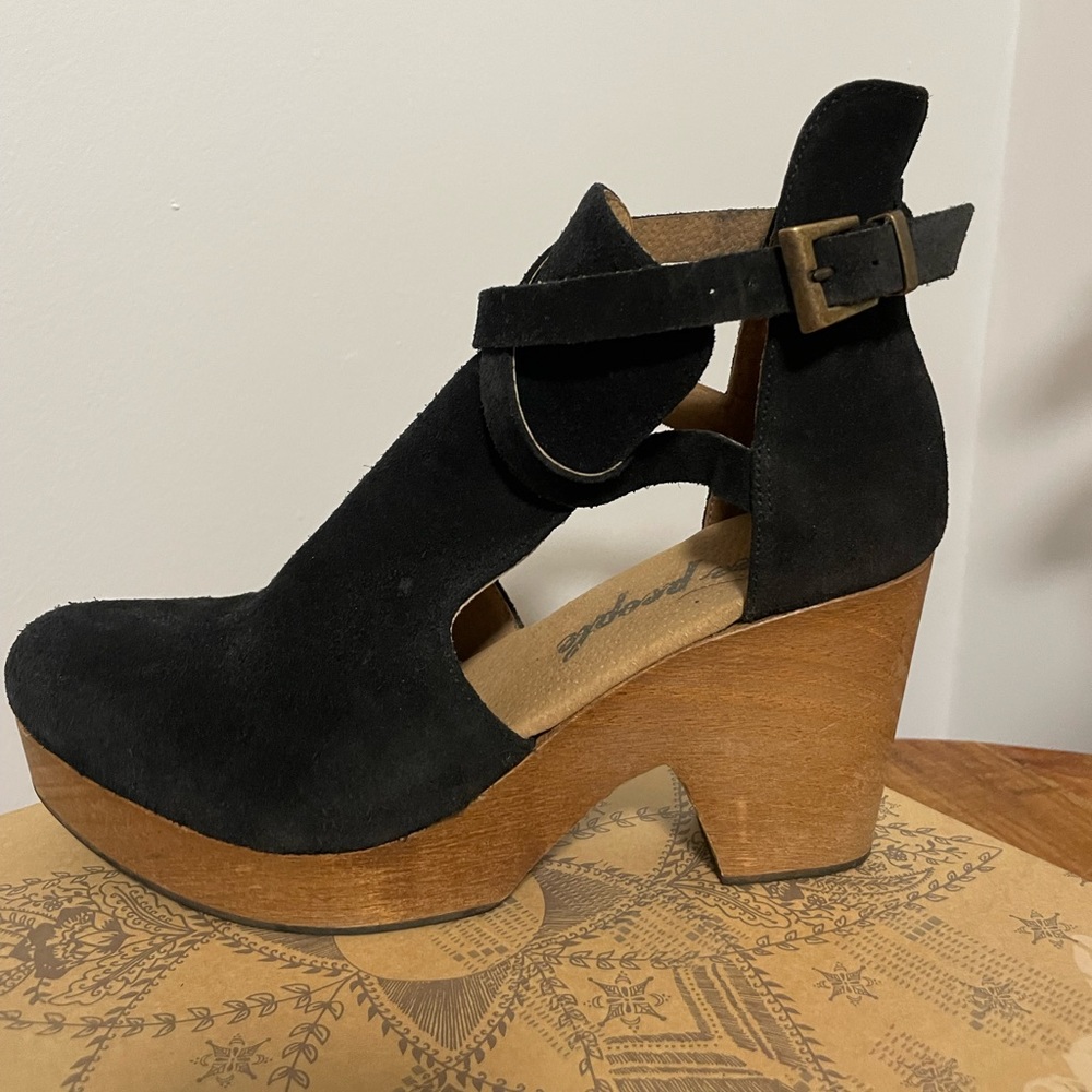 Free People Cedar Platform Wood Clogs - Black Suede